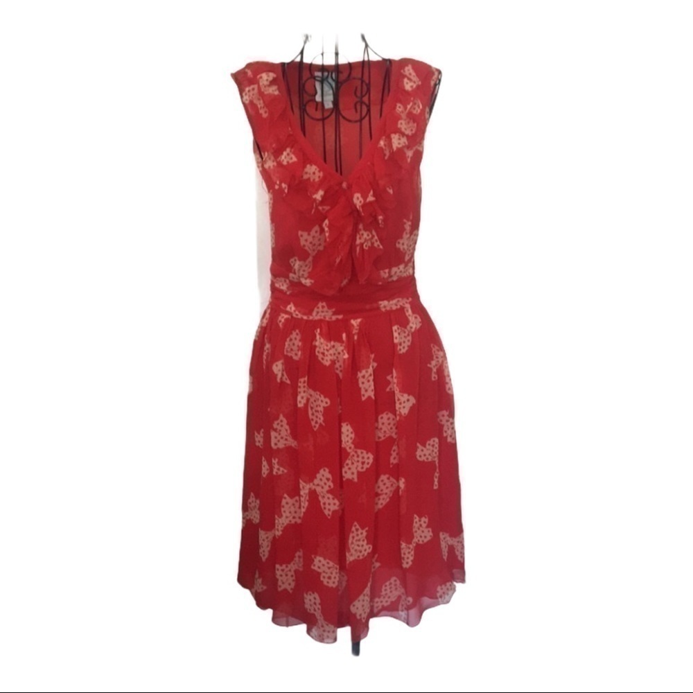 100% Silk Red Bow Pattern Midi Dress – Ladies Low Cut V-Neck size 0
